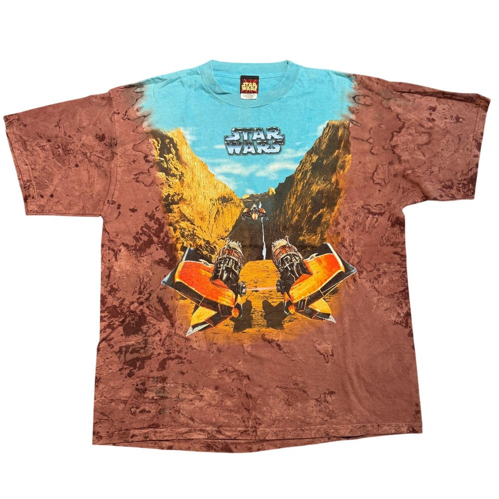 Vintage Star Wars Episode I Podracing Tie‎ Dye T-Shirt XL Brown Blue 90s Movie